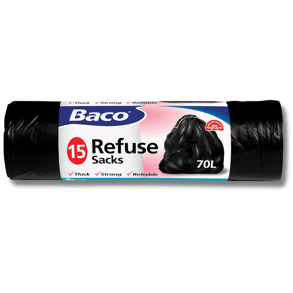 Baco 70L Heavy Duty Refuse Sacks 80cm x 130cm - 15 Sacks per Roll