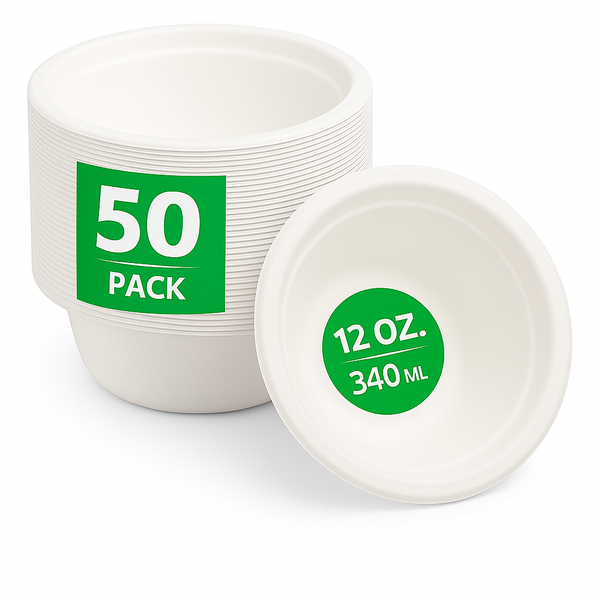 BBliss 12oz (340ml) White Sugarcane Bagasse Disposable Bowls BPA Free - 50 Bowls
