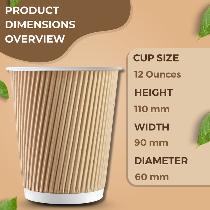 BBliss Disposable Ripple Kraft Paper Coffee Cups 12oz (340ml) - 100 Cups
