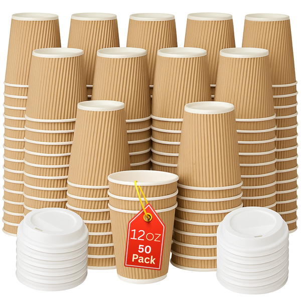 BBliss Disposable Ripple Kraft Paper Coffee Cups With Lids 12oz (340ml) - 100 Cups & Lids