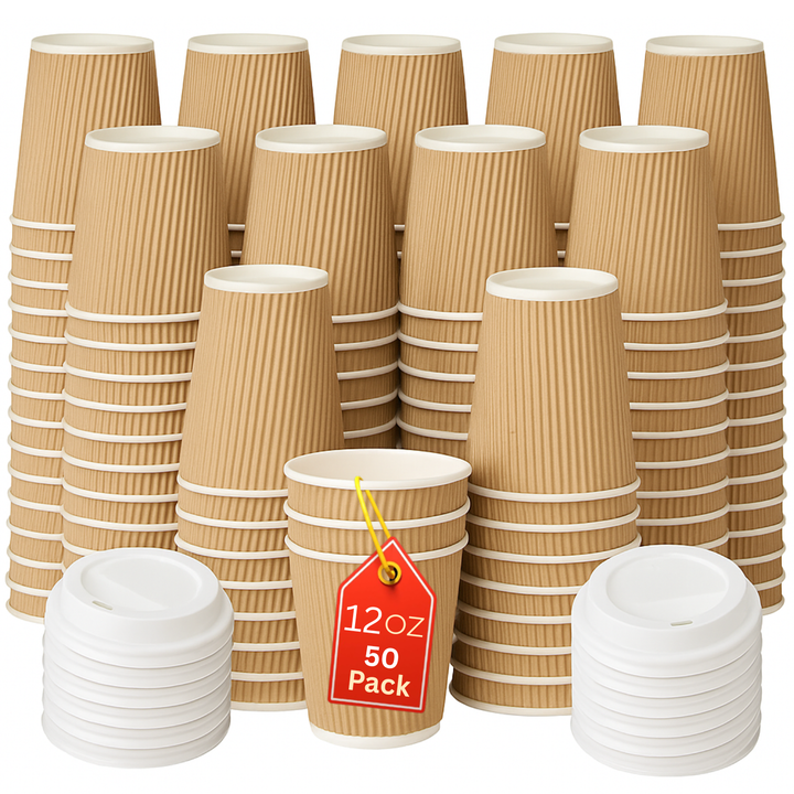BBliss Disposable Ripple Kraft Paper Coffee Cups With Lids 12oz (340ml) - 100 Cups & Lids