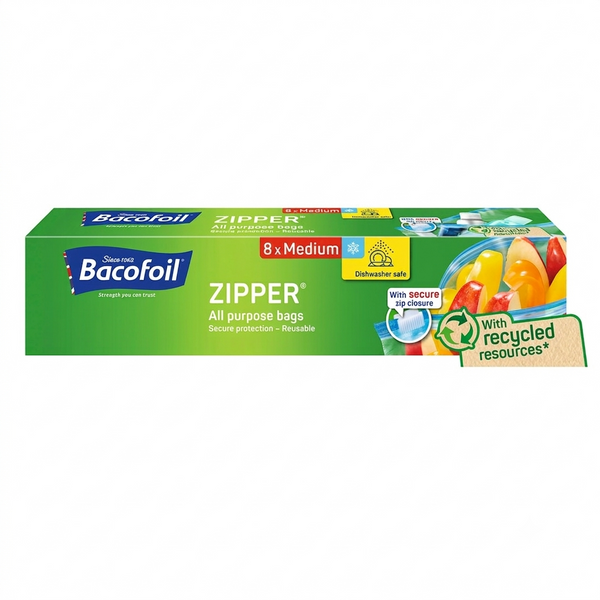 Bacofoil Zipper Medium All Purpose Bags - (8 Bags per Box, 3 Litre Capacity)