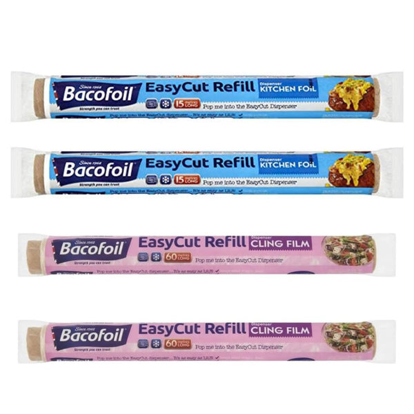 Bacofoil 2 x EasyCut Cling Film Refill Rolls 350mm x 60m with 2 x Bacofoil EasyCut Kitchen Foil Refill Rolls 300mm x 15m