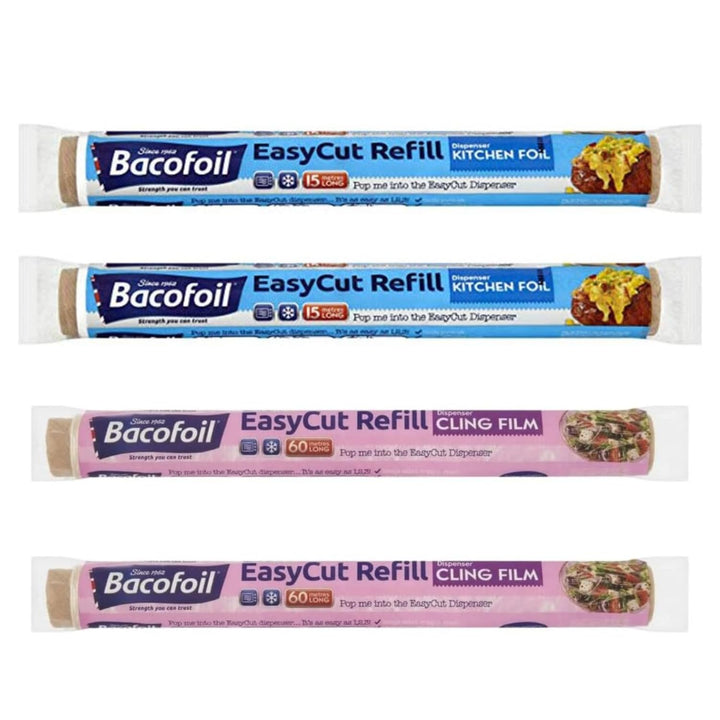 Bacofoil 2 x EasyCut Cling Film Refill Rolls 350mm x 60m with 2 x Bacofoil EasyCut Kitchen Foil Refill Rolls 300mm x 15m