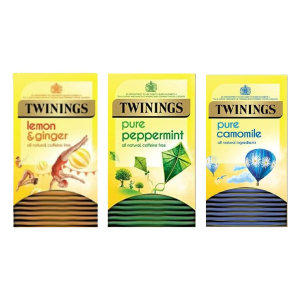 Twinings Herbal Tea Selection - Lemon & Ginger, Pure Peppermint, Pure Camomile Individually Wrapped Envelopes - 20 Tea Bags Each Box - 3 Boxes (1 per Flavour)