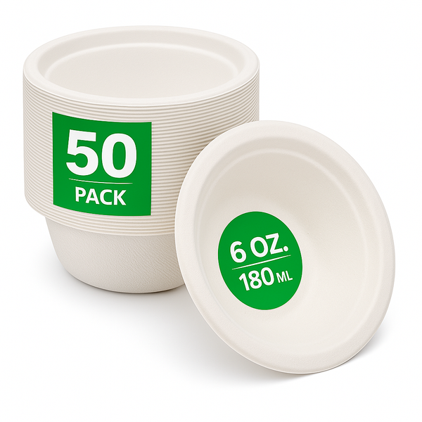 BBliss 6oz (180ml) White Sugarcane Bagasse Disposable Bowls BPA Free - 50 Bowls