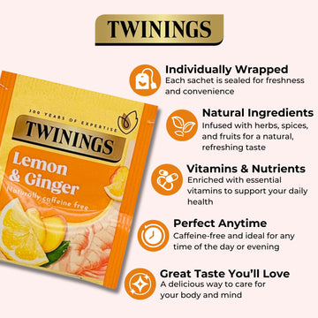 Twinings Lemon & Ginger Tea - 6 Boxes (120 Tea Bags) | Refreshing Citrus & Spice Blend