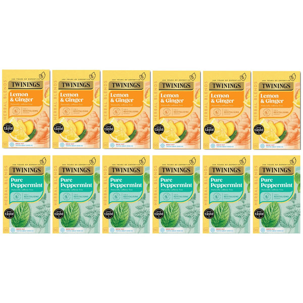 Twinings Lemon & Ginger & Pure Peppermint Tea Individually Wrapped Envelopes - 20 Tea Bags Each Box - 12 Boxes (6 per Flavour)