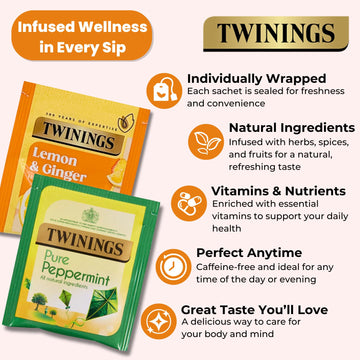 Twinings Lemon & Ginger & Pure Peppermint Tea | 80 Tea Bags | Individually Wrapped