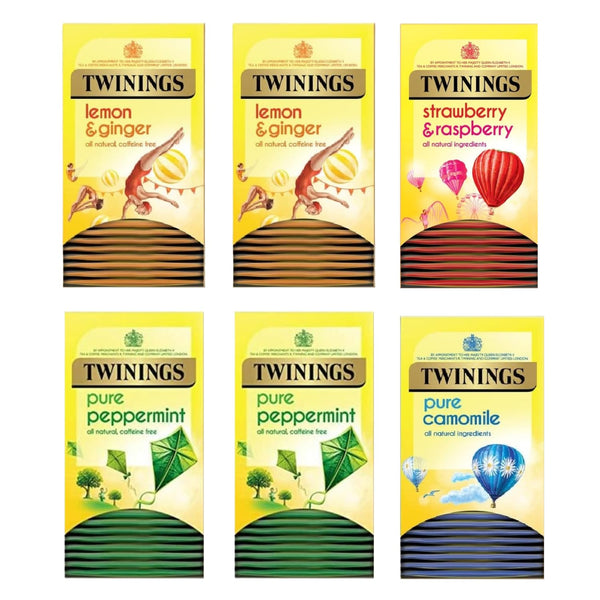 Twinings Herbal Tea Selection - Lemon & Ginger, Pure Peppermint, Pure Camomile, Strawberry & Raspberry Individually Wrapped Envelopes - 6 Boxes (120 Envelopes)