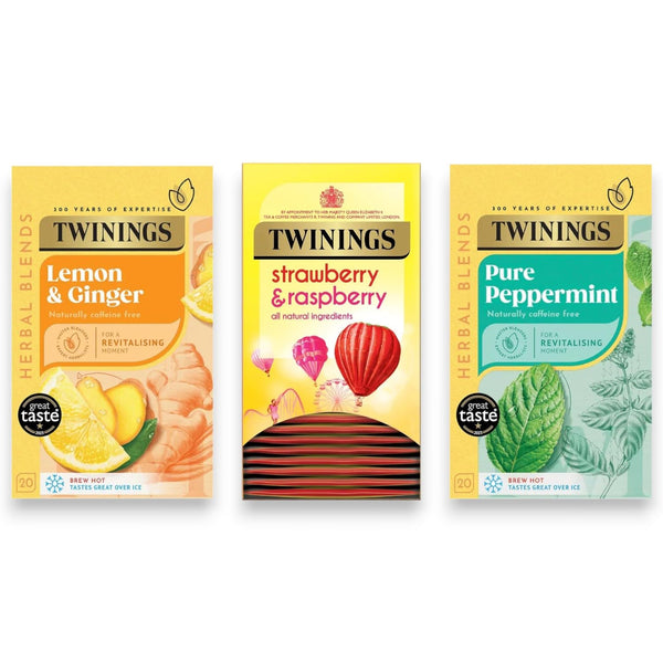 Twinings Herbal Tea Selection - Lemon & Ginger, Pure Peppermint, Strawberry & Raspberry Individually Wrapped Envelopes - 20 Tea Bags Each Box - 3 Boxes (1 per Flavour)