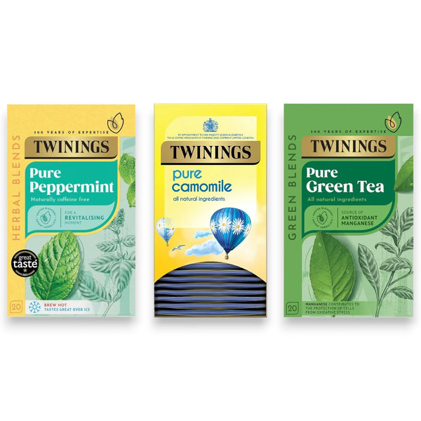 Twinings Pure Peppermint, Pure Camomile & Pure Green Tea Individually Wrapped Envelopes - 20 Tea Bags Each Box - 3 Boxes (60 Envelopes)