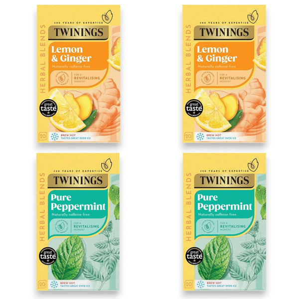 Twinings Lemon & Ginger & Pure Peppermint Tea Individually Wrapped Envelopes - 20 Tea Bags Each Box - 4 Boxes (2 per Flavour)
