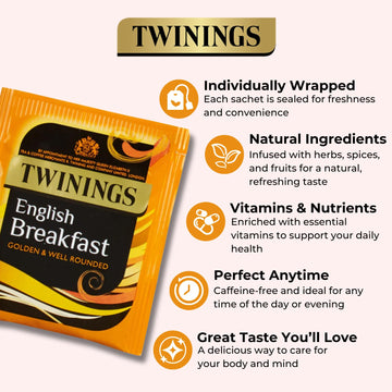 Twinings English Breakfast Golden & Well Rounded Perfect Everyday Tea Individually Wrapped Envelopes - Single Box (50 Envelopes)