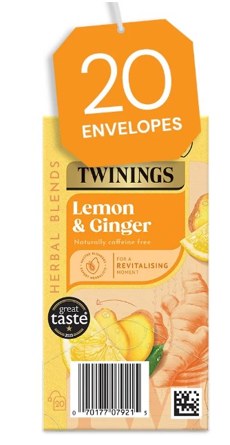 Twinings Lemon & Ginger Tea (20 Envelopes) Individually Wrapped Envelopes