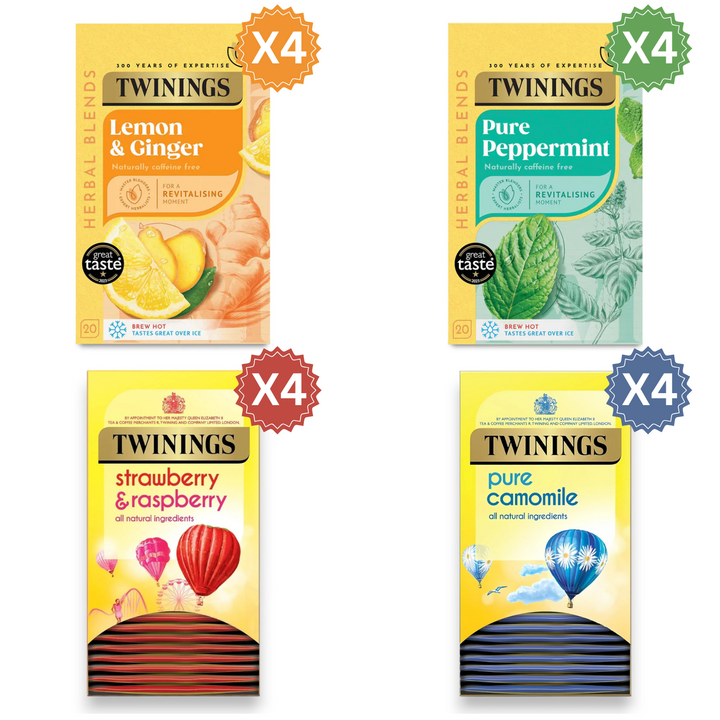 Twinings Herbal Tea Selection - Lemon & Ginger, Pure Peppermint, Pure Camomile, Strawberry & Raspberry Individually Wrapped Envelopes - 12 Boxes (4 Boxes per Flavour)