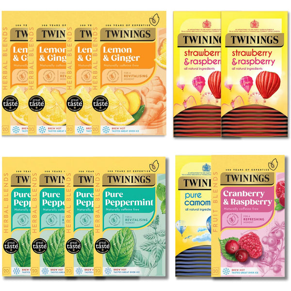 Twinings Herbal Tea Selection - Lemon & Ginger, Pure Peppermint, Camomile, Cranberry & Raspberry, Strawberry & Raspberry Individually Wrapped Envelopes - 12 Boxes (240 Envelopes)