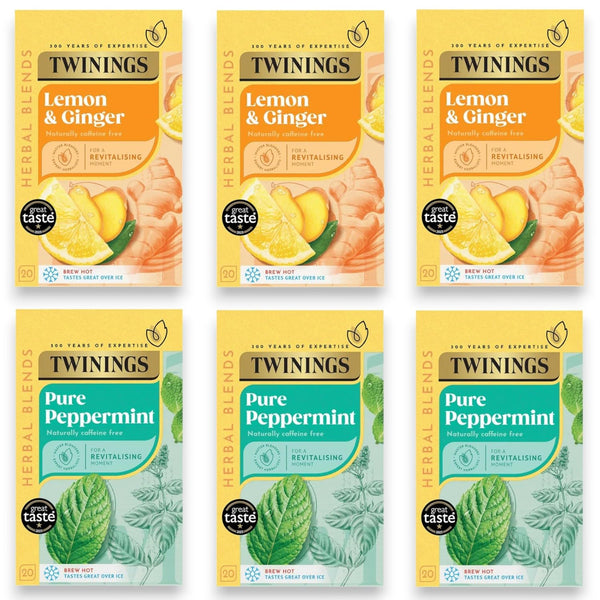 Twinings Lemon & Ginger & Pure Peppermint Tea Individually Wrapped Envelopes - 20 Tea Bags Each Box - 6 Boxes (3 per Flavour)