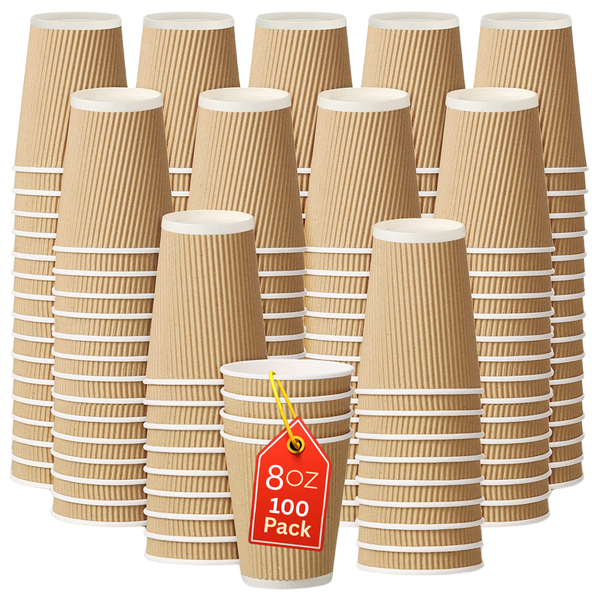 BBliss Disposable Ripple Kraft Paper Coffee Cups 8oz (227ml) - 100 Cups