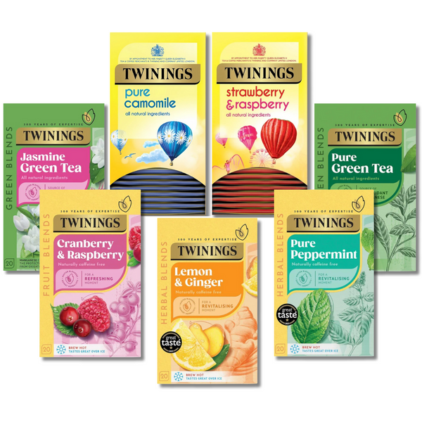 Twinings Infusions - Lemon & Ginger, Pure Peppermint, Pure Camomile, Pure Green, Jasmine Green, Strawberry & Raspberry & Cranberry & Raspberry - Individually Wrapped Envelopes - 20 Tea Bags Each Box - 7 Boxes (1 per Flavour)