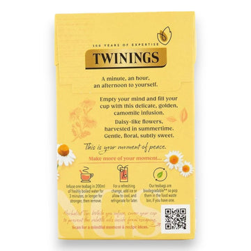 Individual Twinings Pure Camomile tea sachets in a 20 envelope pack