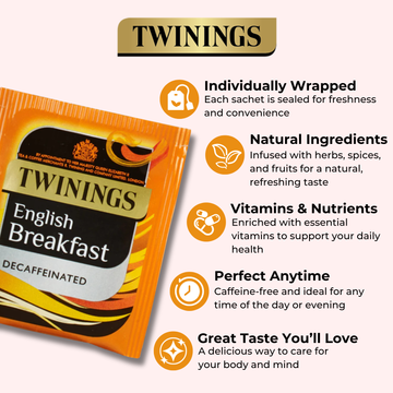 Decaffeinated breakfast tea from Twinings in individually wrapped portions