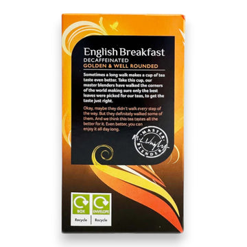 Individually sealed envelopes of Twinings English Breakfast decaf tea