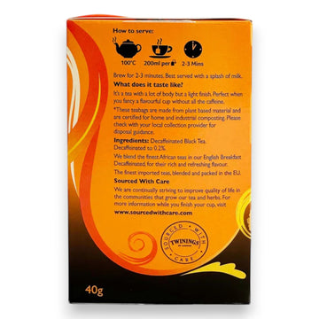 Twinings decaffeinated tea box containing twenty individual servings