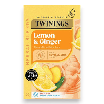 Assorted Twinings tea flavours including lemon ginger, peppermint and camomile