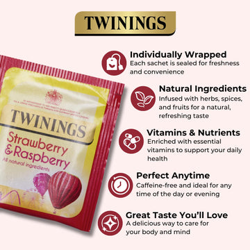 Wrapped Twinings tea packets featuring strawberry raspberry flavour
