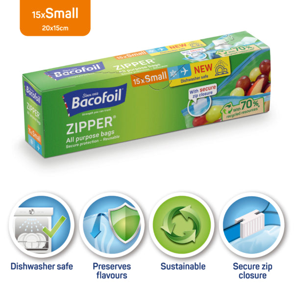 Bacofoil Zipper Medium All Purpose Bags - (12 Bags per Box, 3 Litre Capacity)