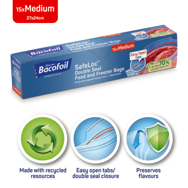 Bacofoil SafeLoc Medium Double Seal Food and Freezer Bags - (15 Bags per Box, 1 Litre Capacity)