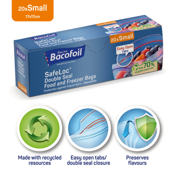 Bacofoil SafeLoc Small Double Seal Food and Freezer Bags - (20 Bags per Box, 1 Litre Capacity)